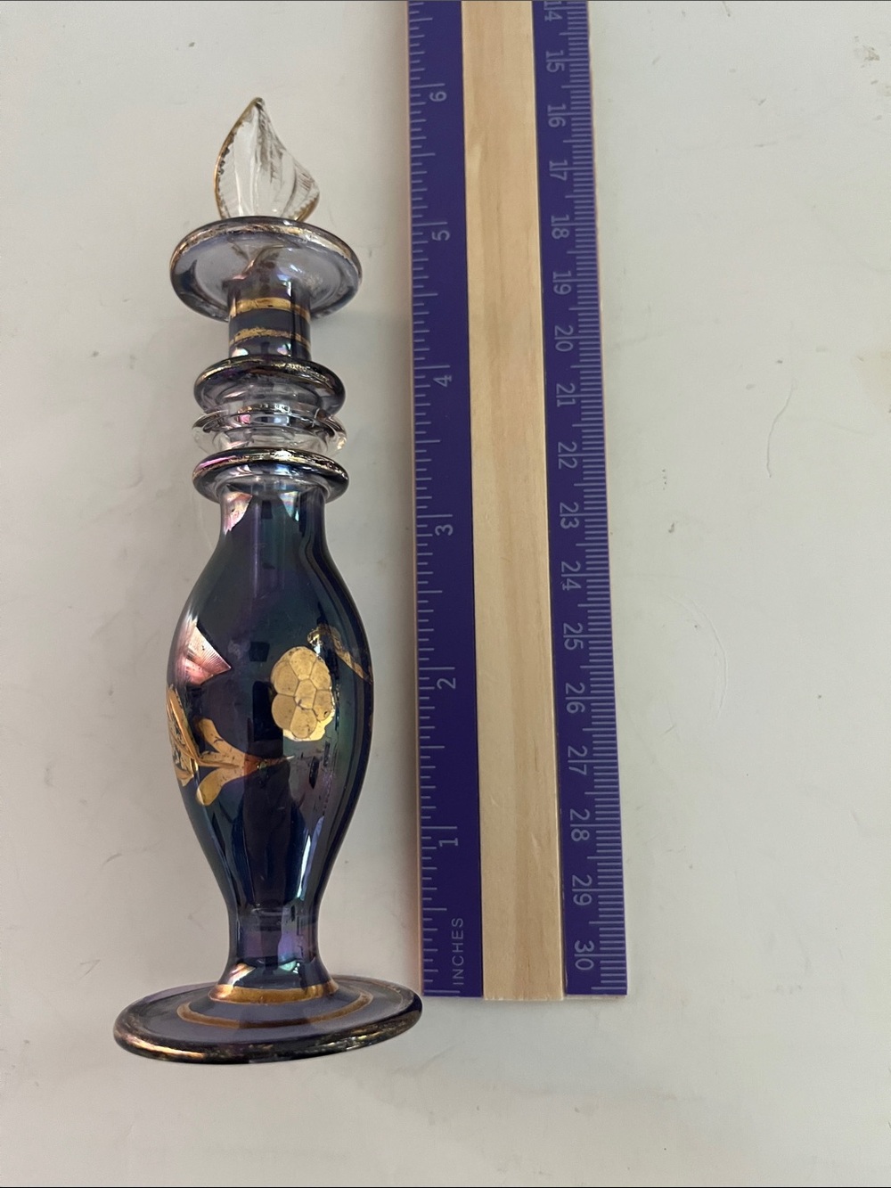 Vintage Iridescent Glass Perfume Bottle with Gold Floral Accents